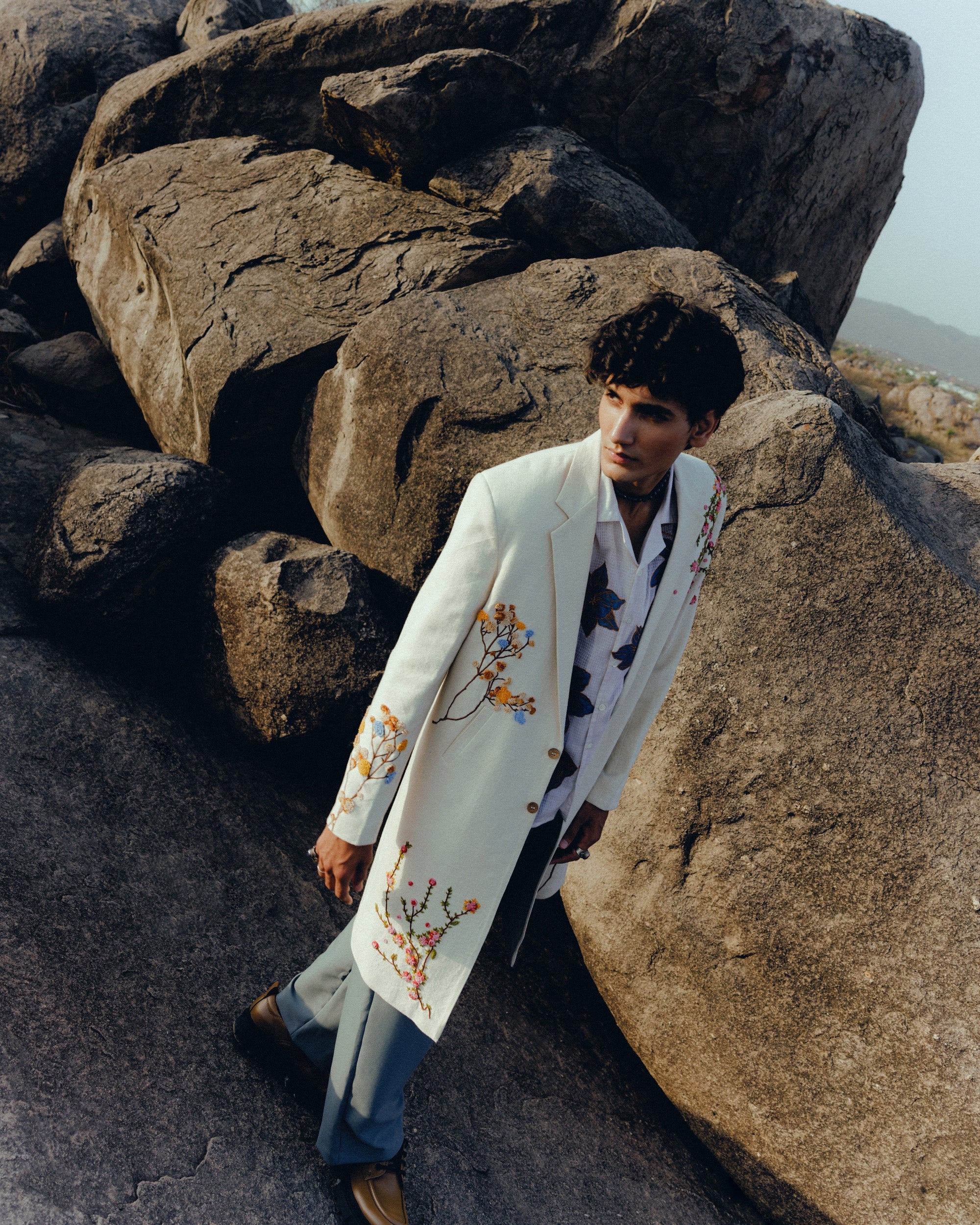 Floral hand embroidered overcoat