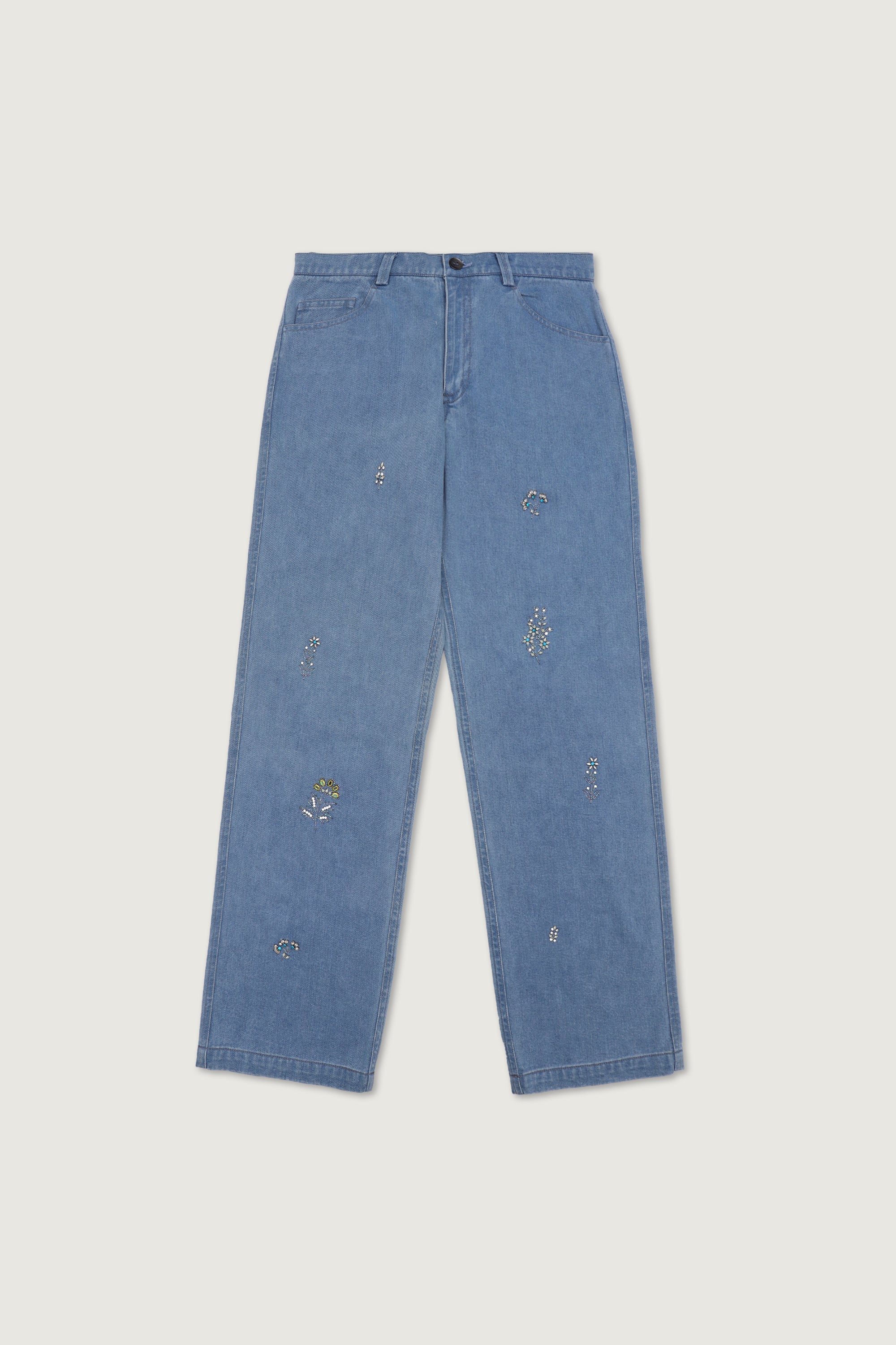 Hand embroidered straight fit denim pants