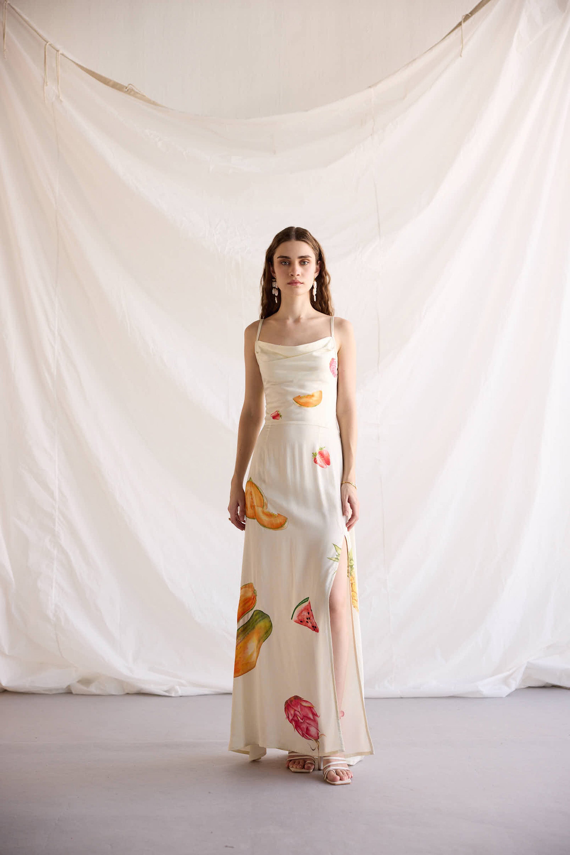 "Le Fruit" Pleated Cowl Aline Dress