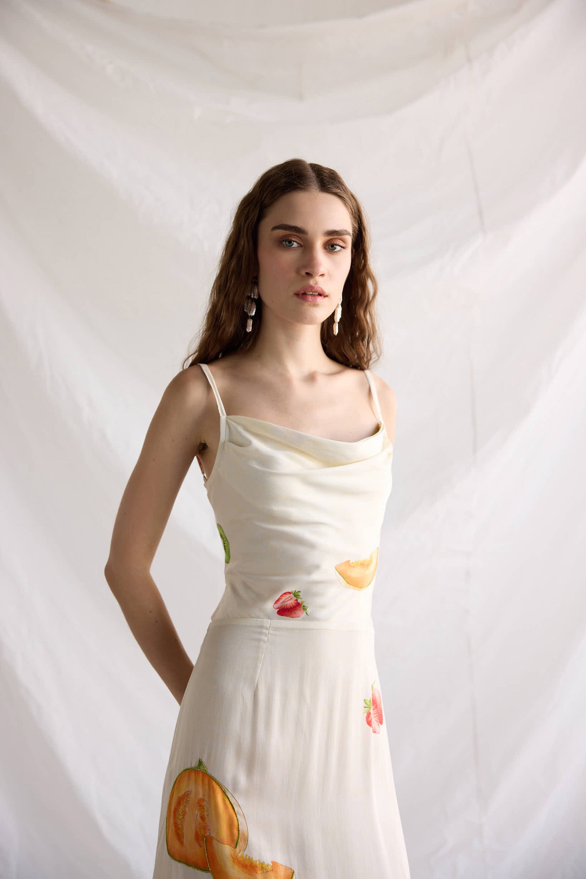 "Le Fruit" Pleated Cowl Aline Dress