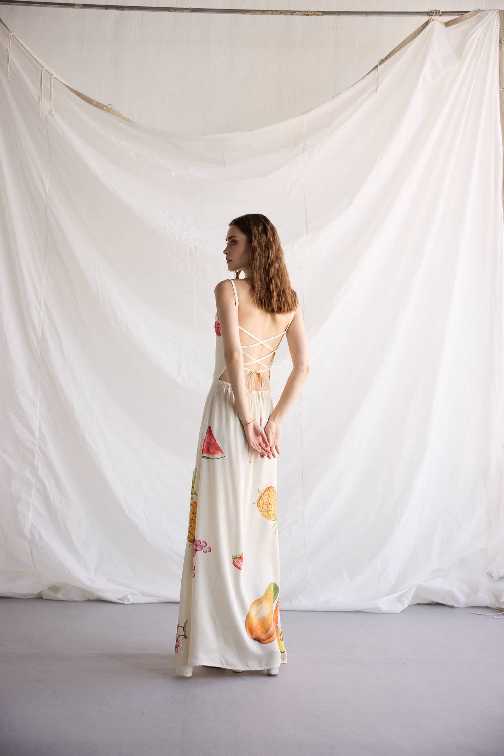 "Le Fruit" Pleated Cowl Aline Dress
