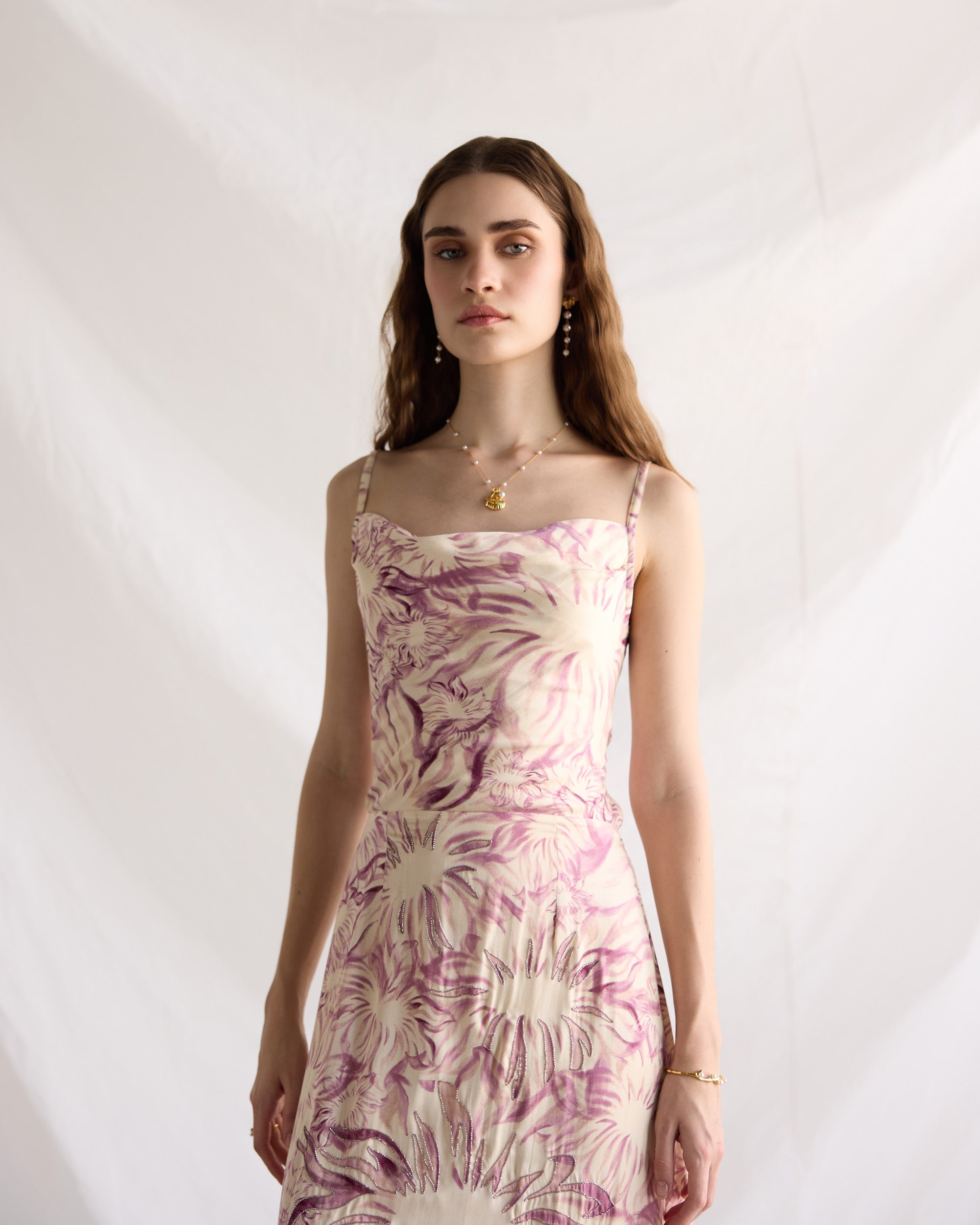 Lavender floral embellished Pleated Cowl Aline Dress