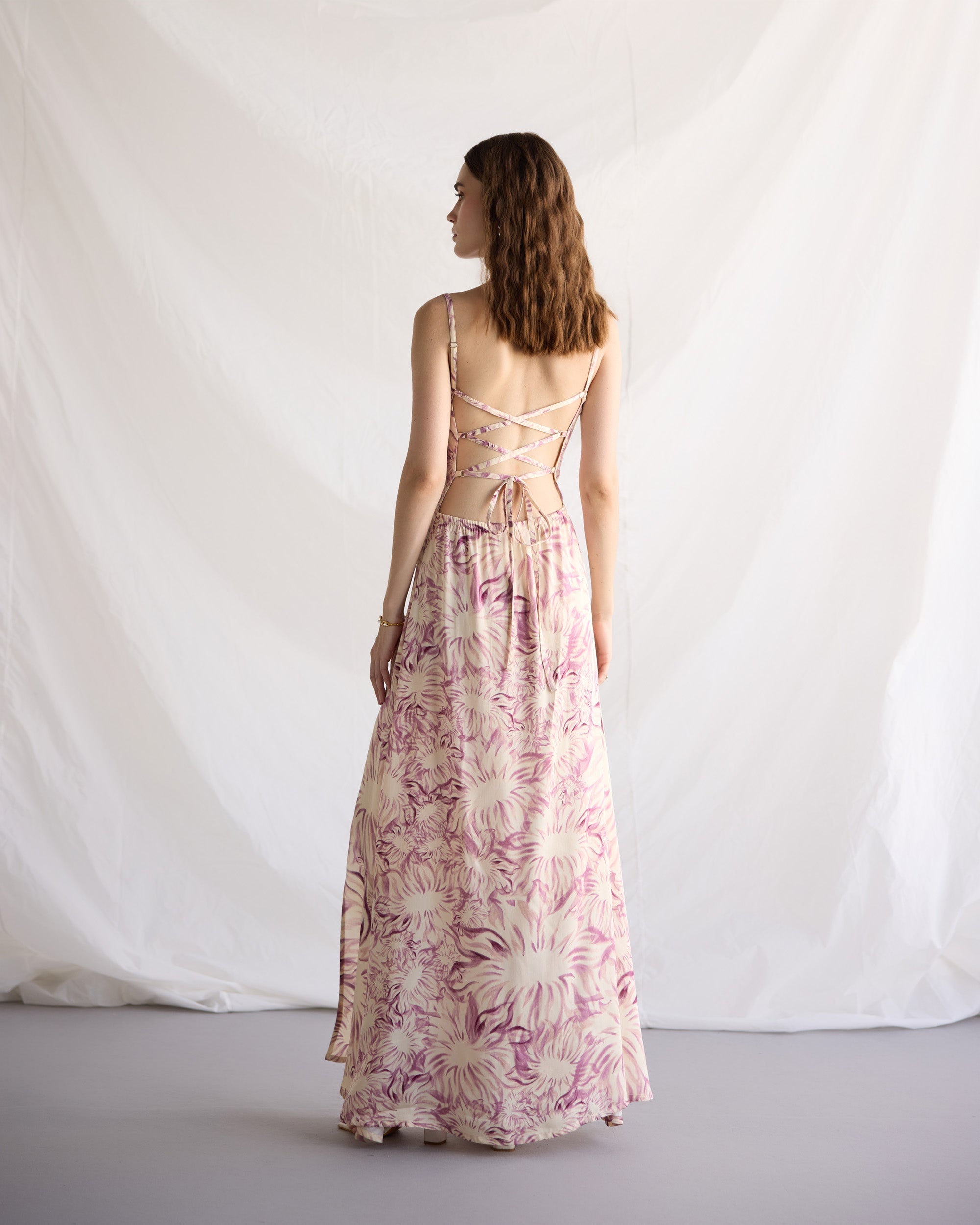 Lavender floral embellished Pleated Cowl Aline Dress