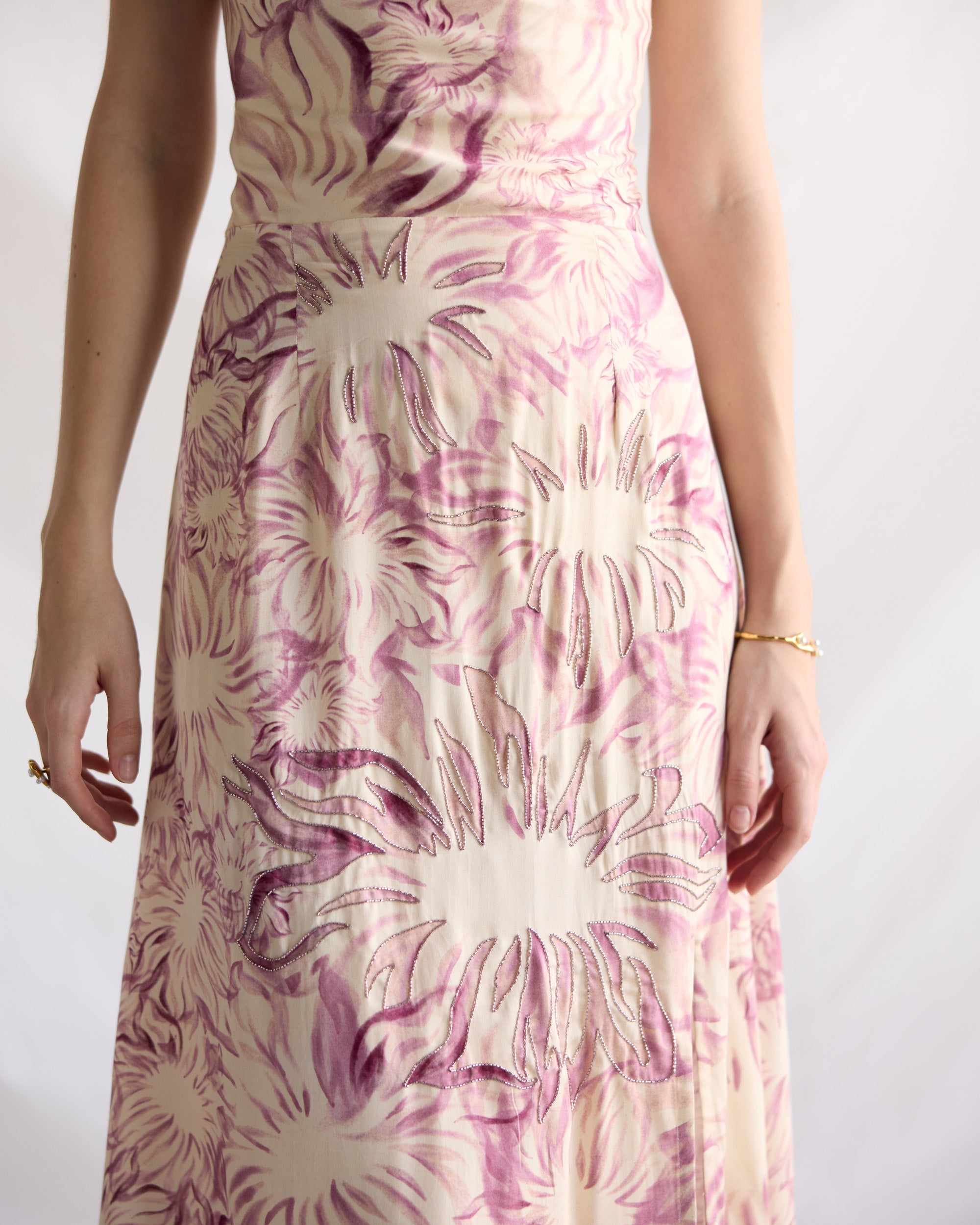 Lavender floral embellished Pleated Cowl Aline Dress