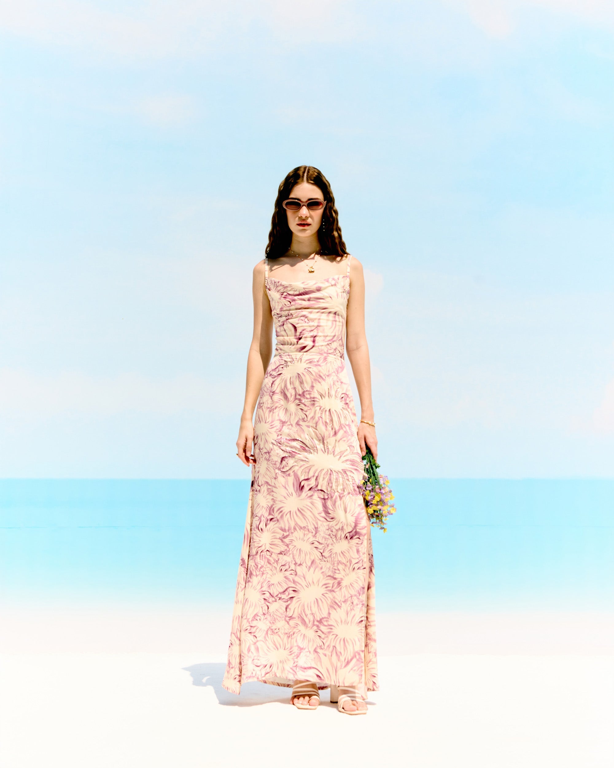 Lavender floral embellished Pleated Cowl Aline Dress