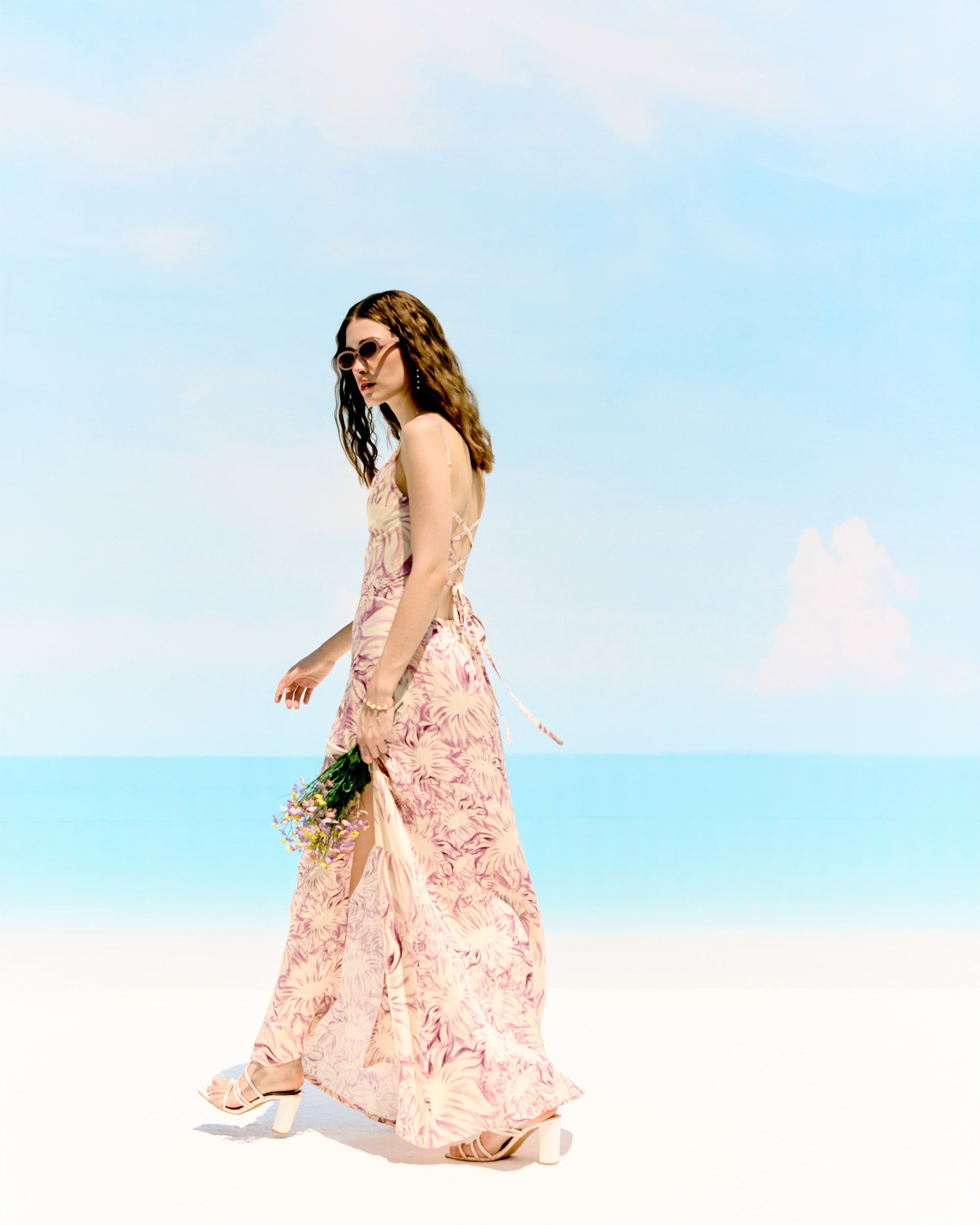 Lavender floral embellished Pleated Cowl Aline Dress