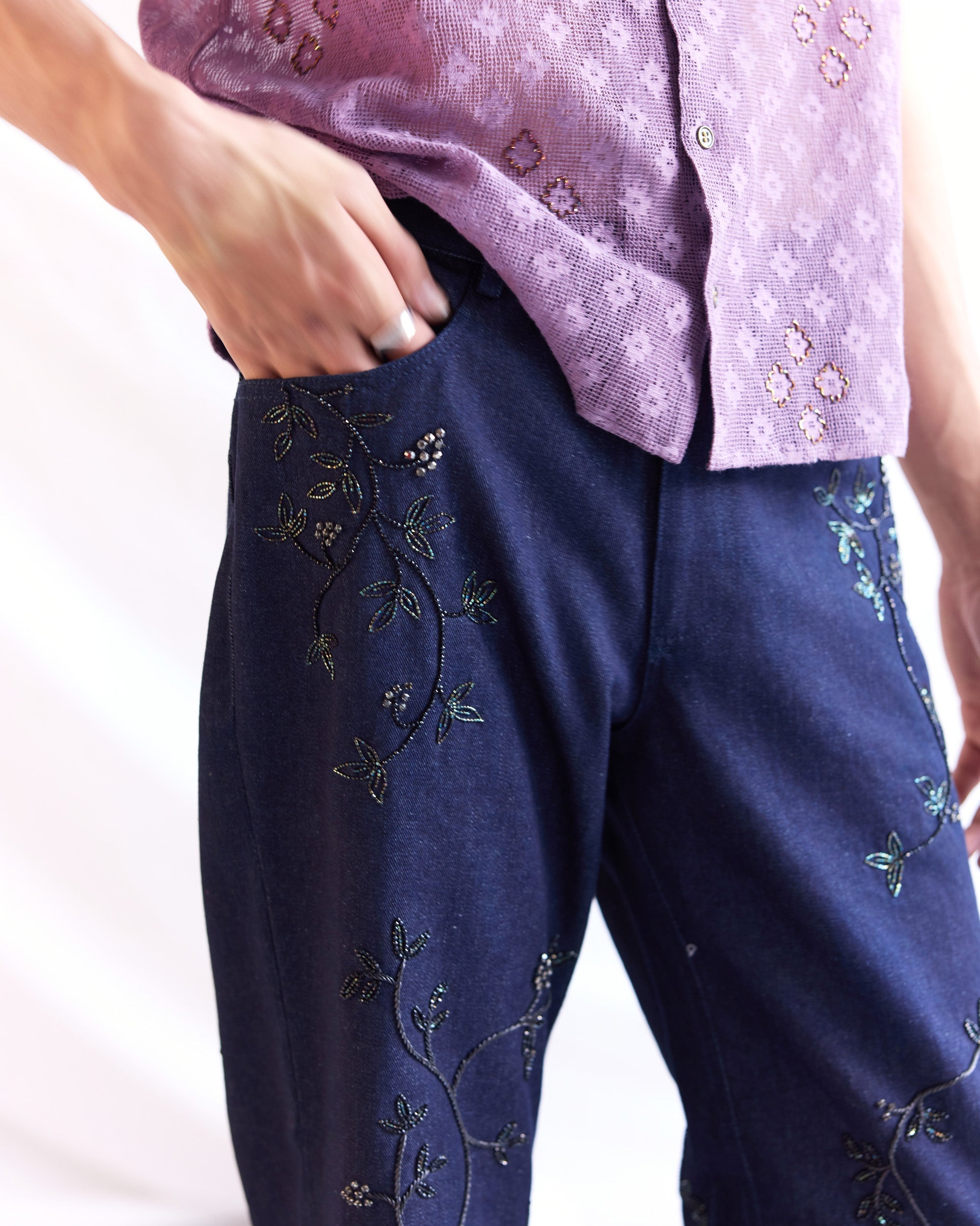 Hand embroidered straight fit jeans