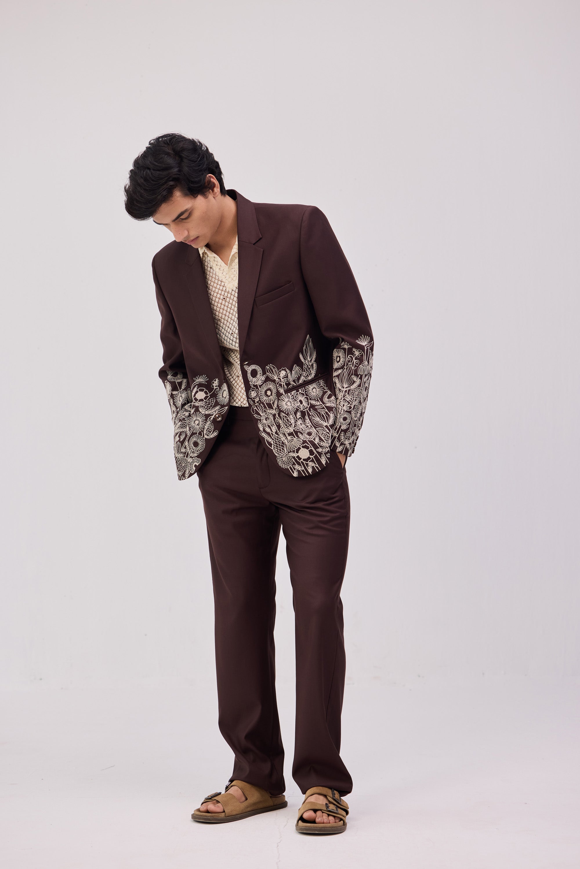 Chocolate Brown Floral Embroidered Casual Wedding Blazer