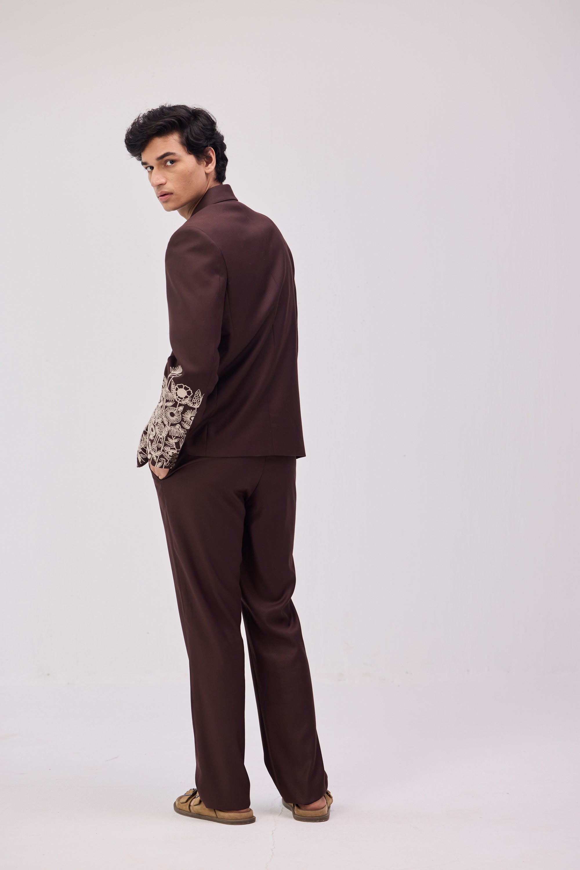 Chocolate Brown Floral Embroidered Casual Wedding Blazer