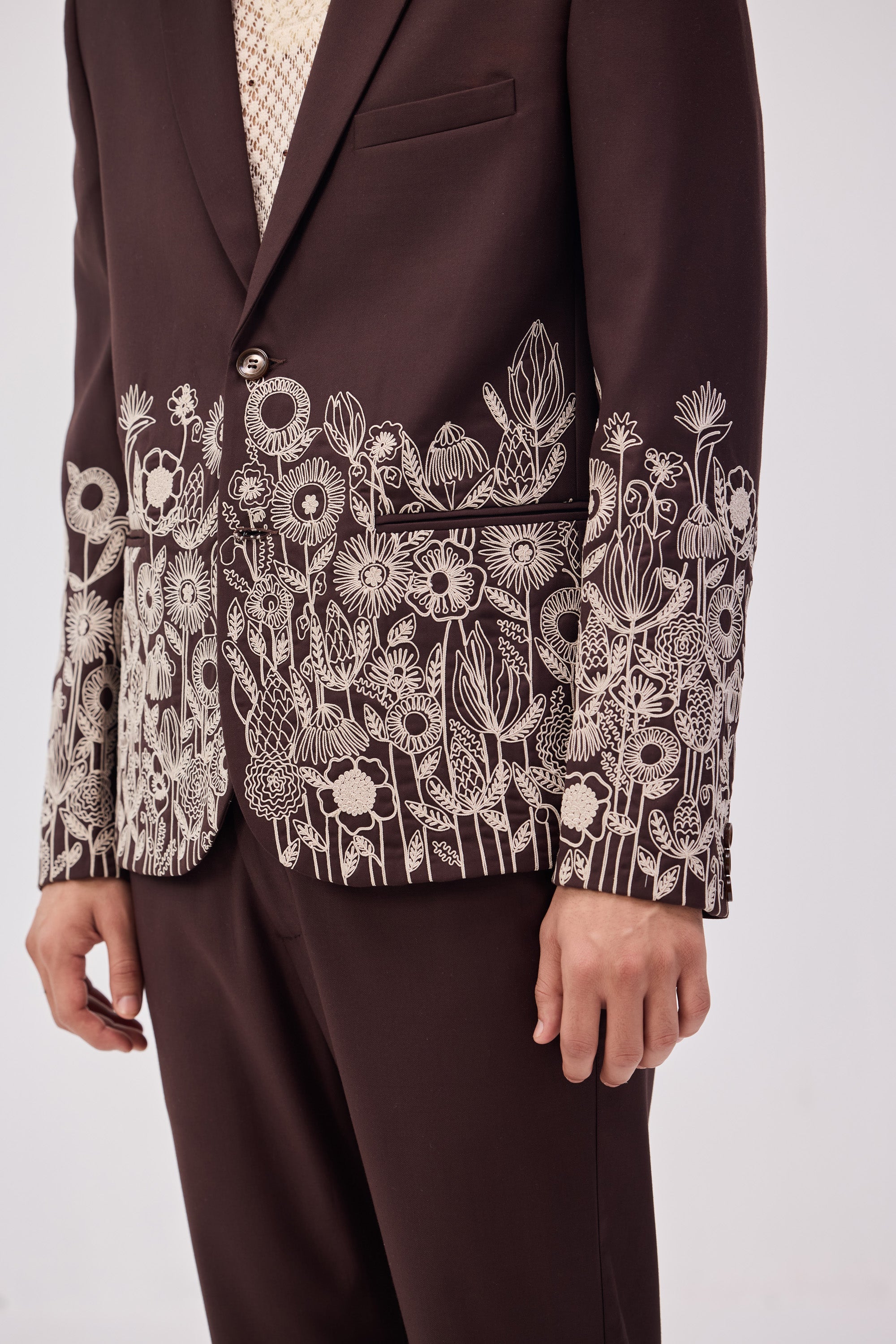 Chocolate Brown Floral Embroidered Casual Wedding Blazer