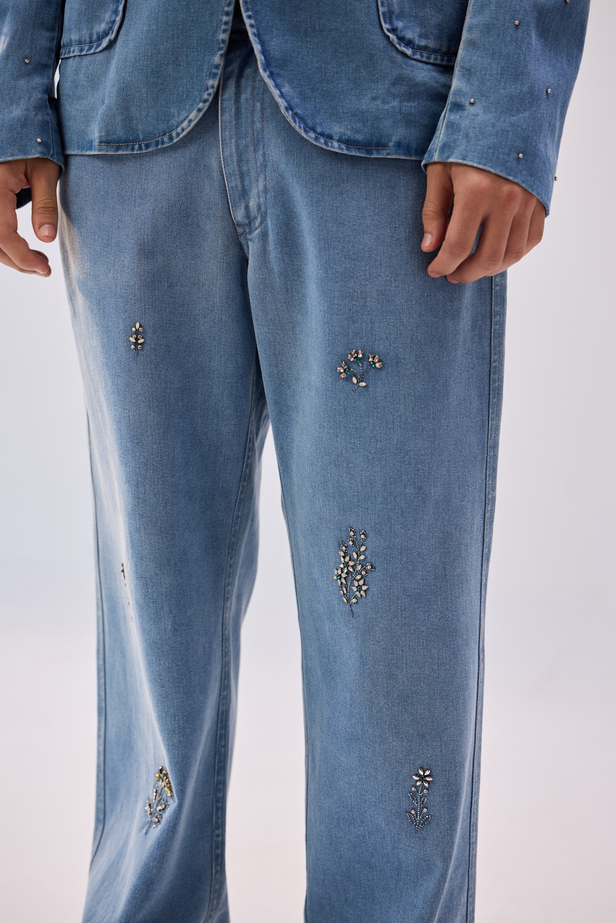 Hand embroidered straight fit denim pants