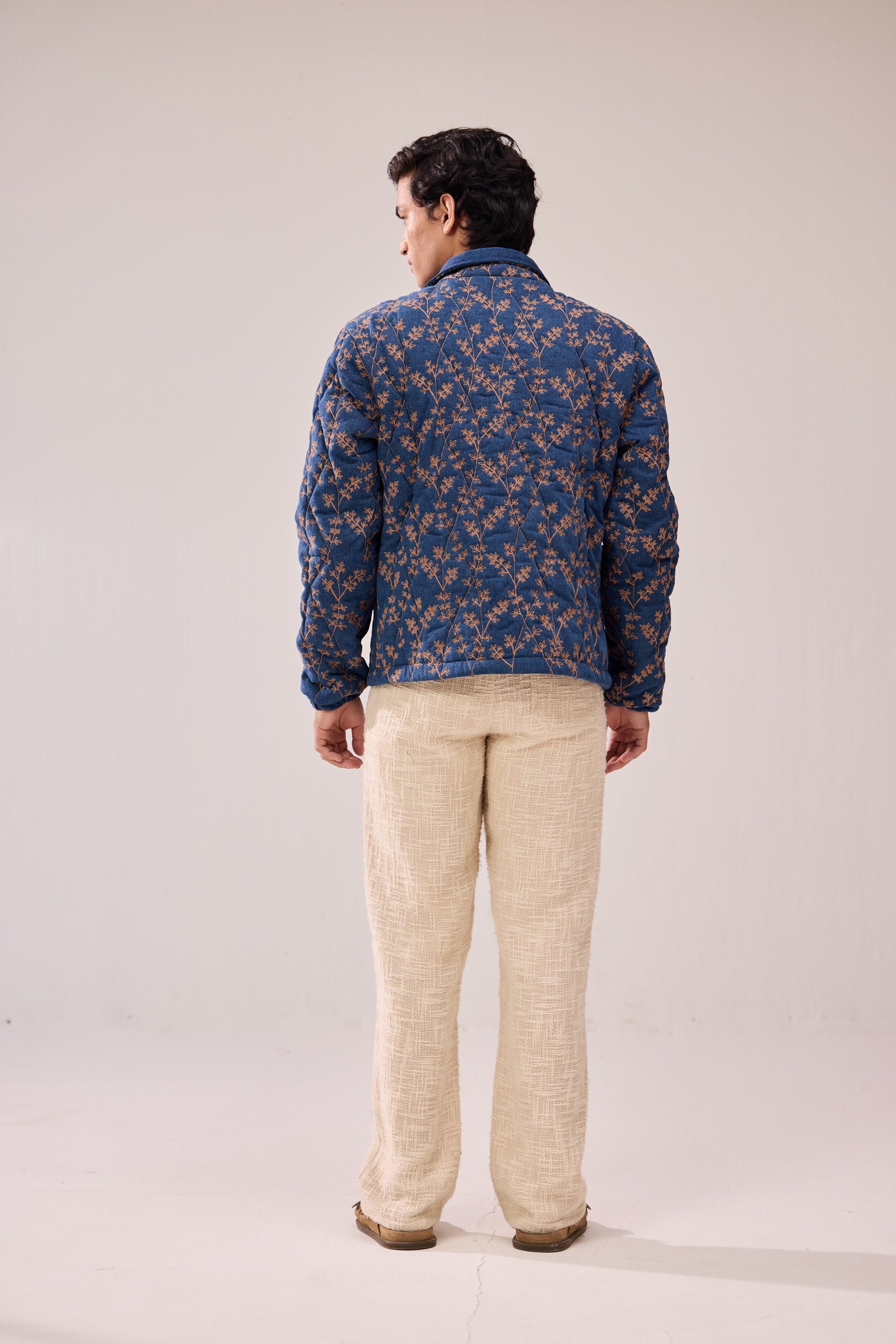 Floral embroidered denim quilted jacket