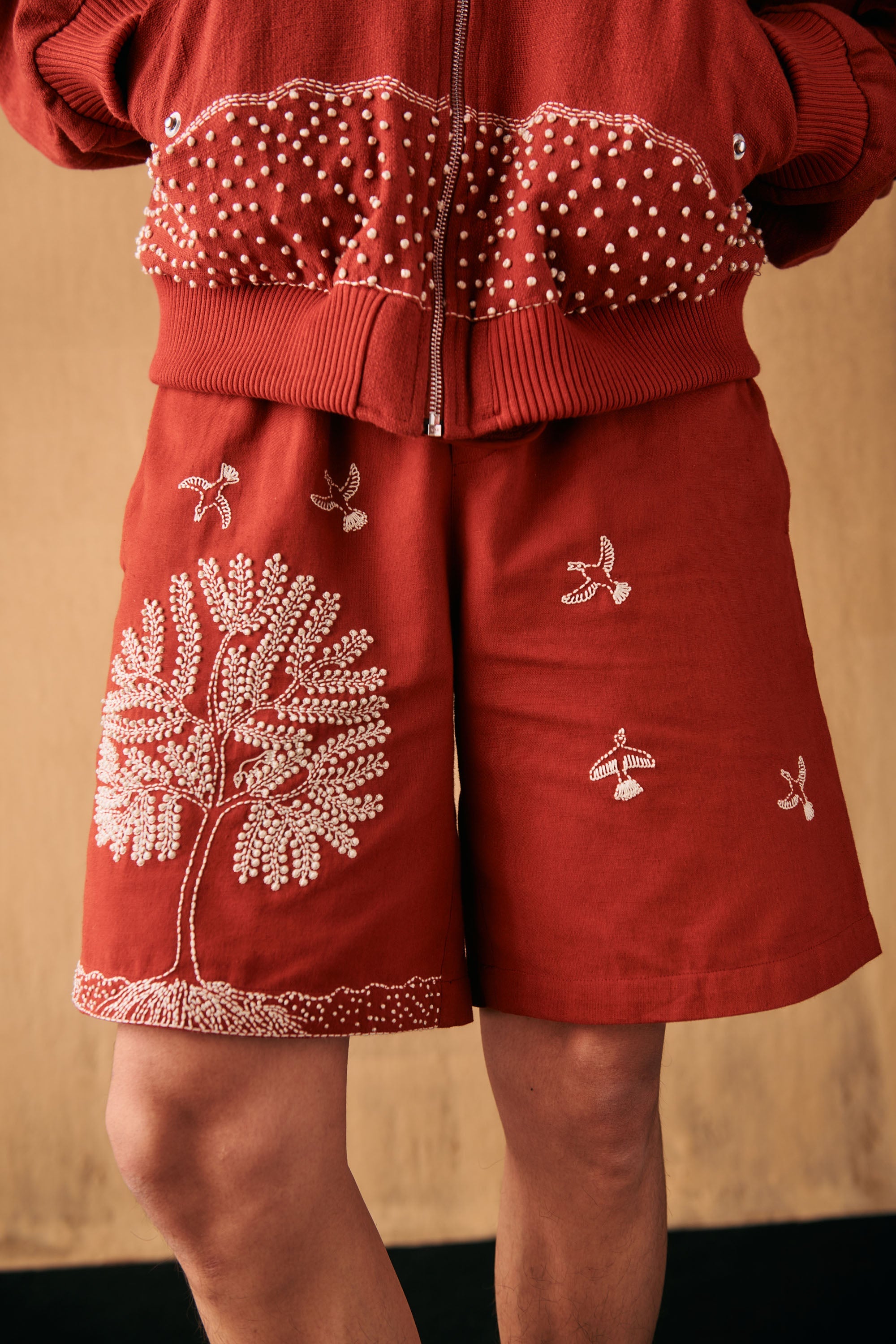 Tree of life embroidered shorts