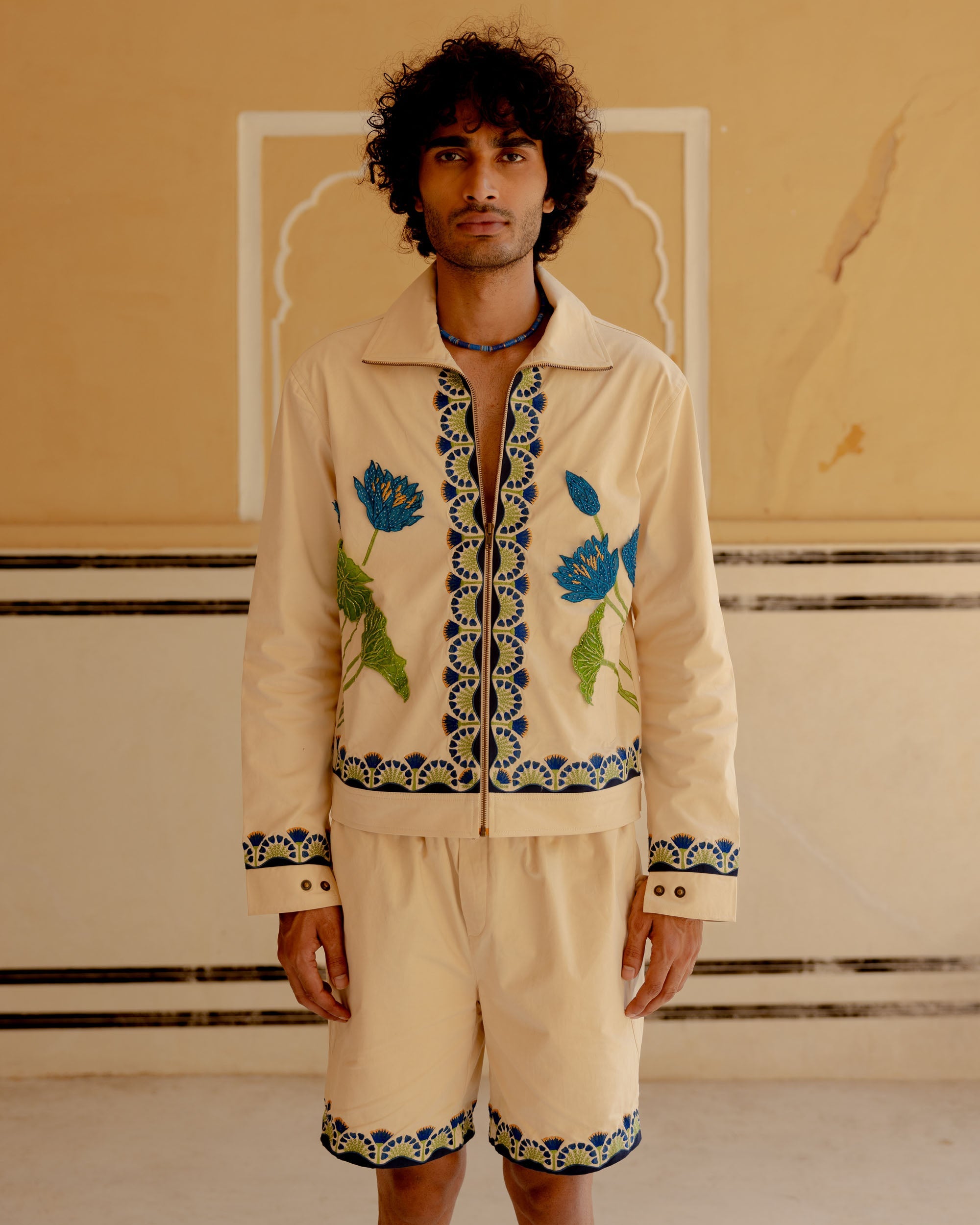 "Blue lotus" hand embroidered zip up jacket