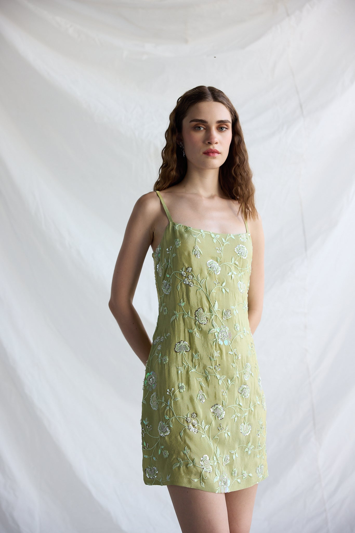 Botanical embroidered slip dress