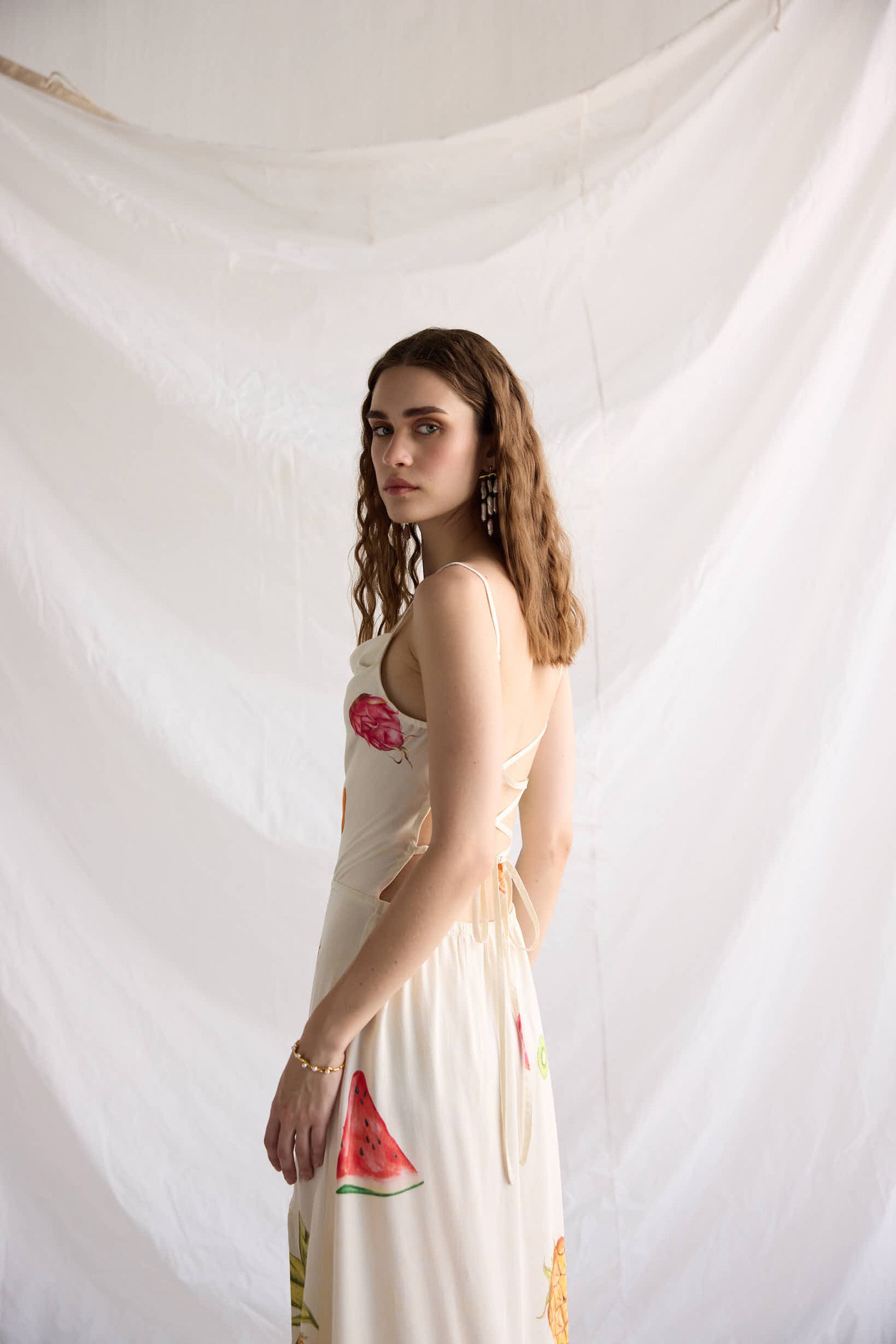 "Le Fruit" Pleated Cowl Aline Dress