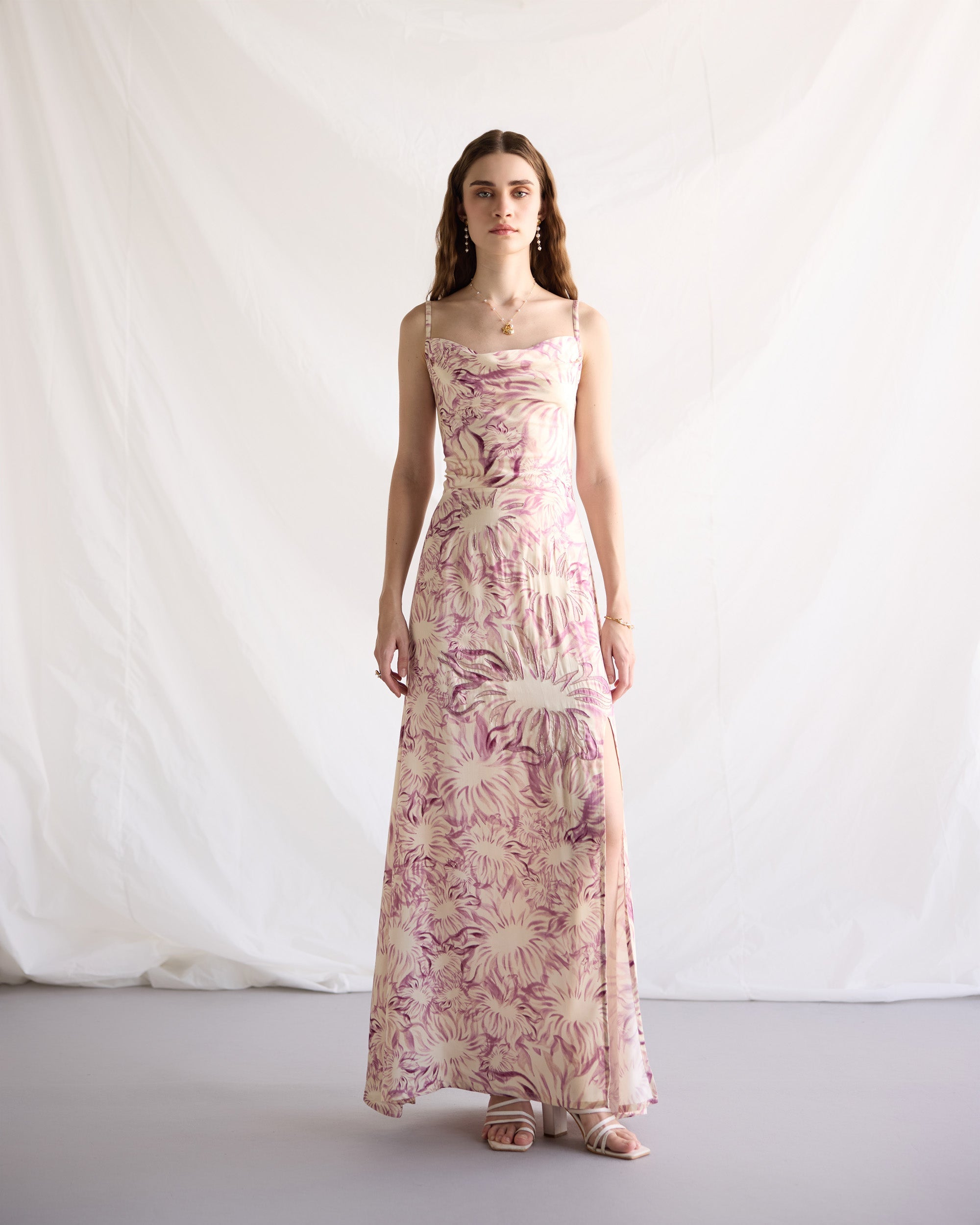 Lavender floral embellished Pleated Cowl Aline Dress