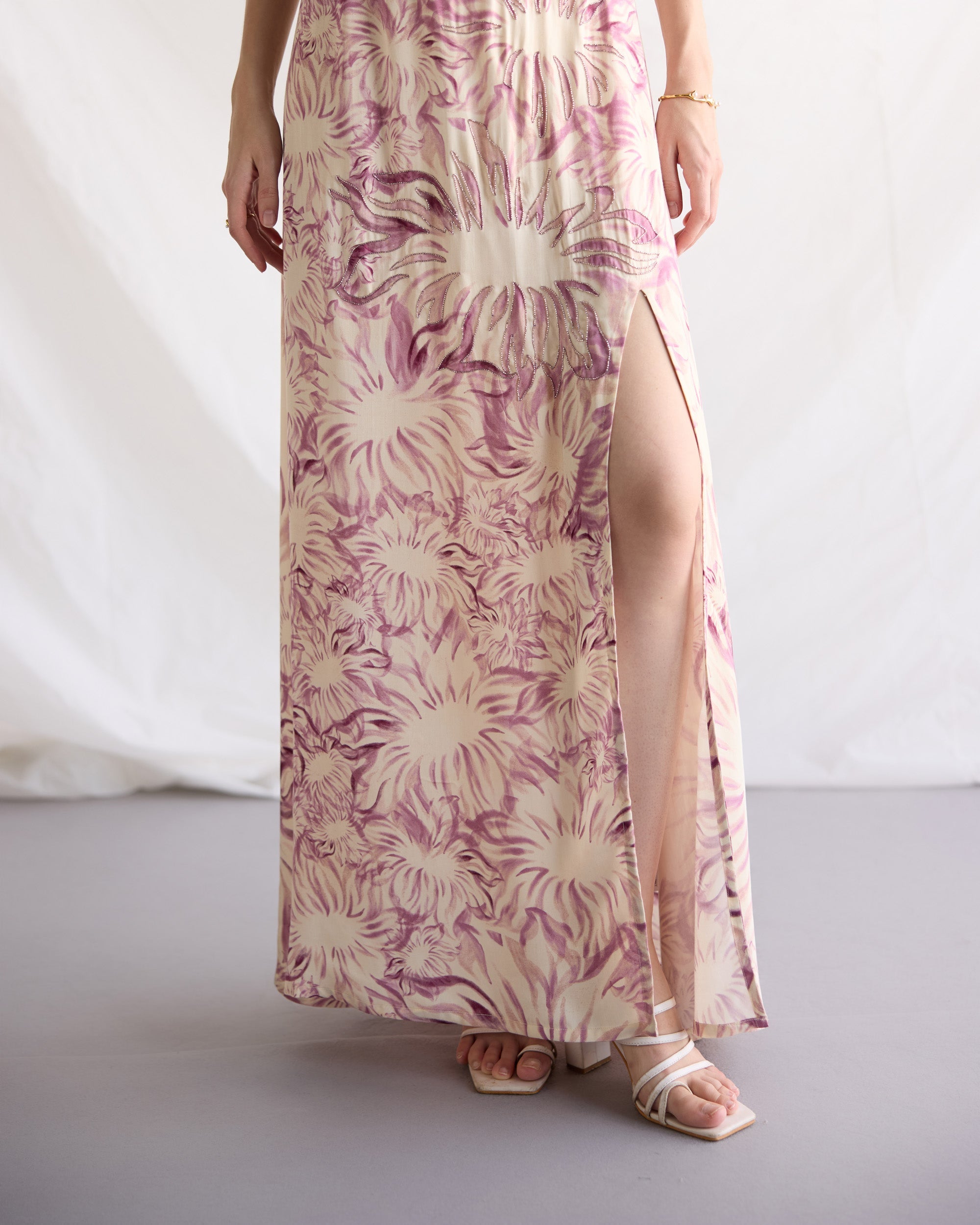 Lavender floral embellished Pleated Cowl Aline Dress