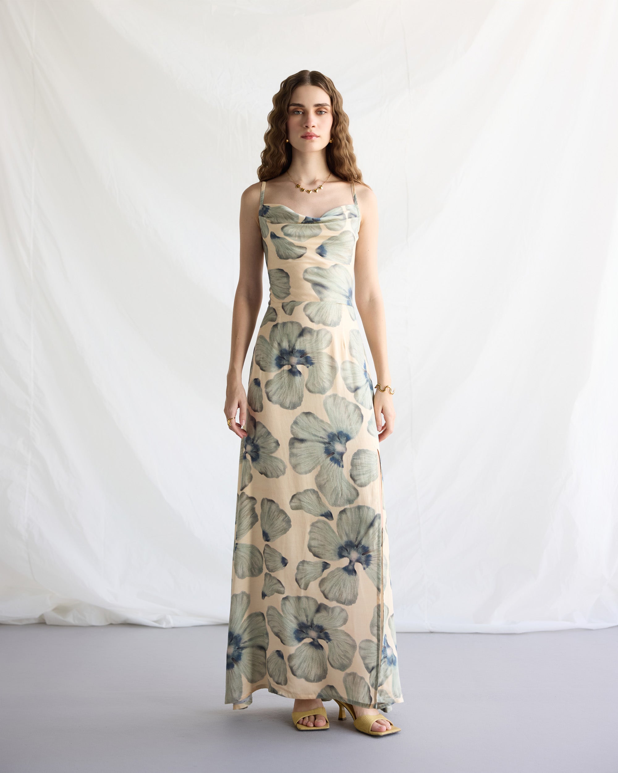 "Ocean Bloom" Pleated Cowl Aline Dress