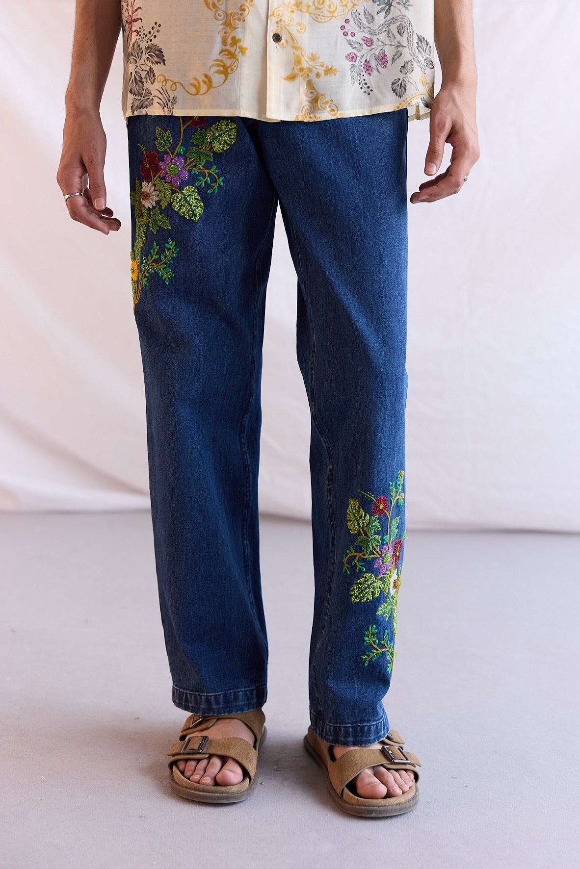 Hand embroidered floral straight fit jeans