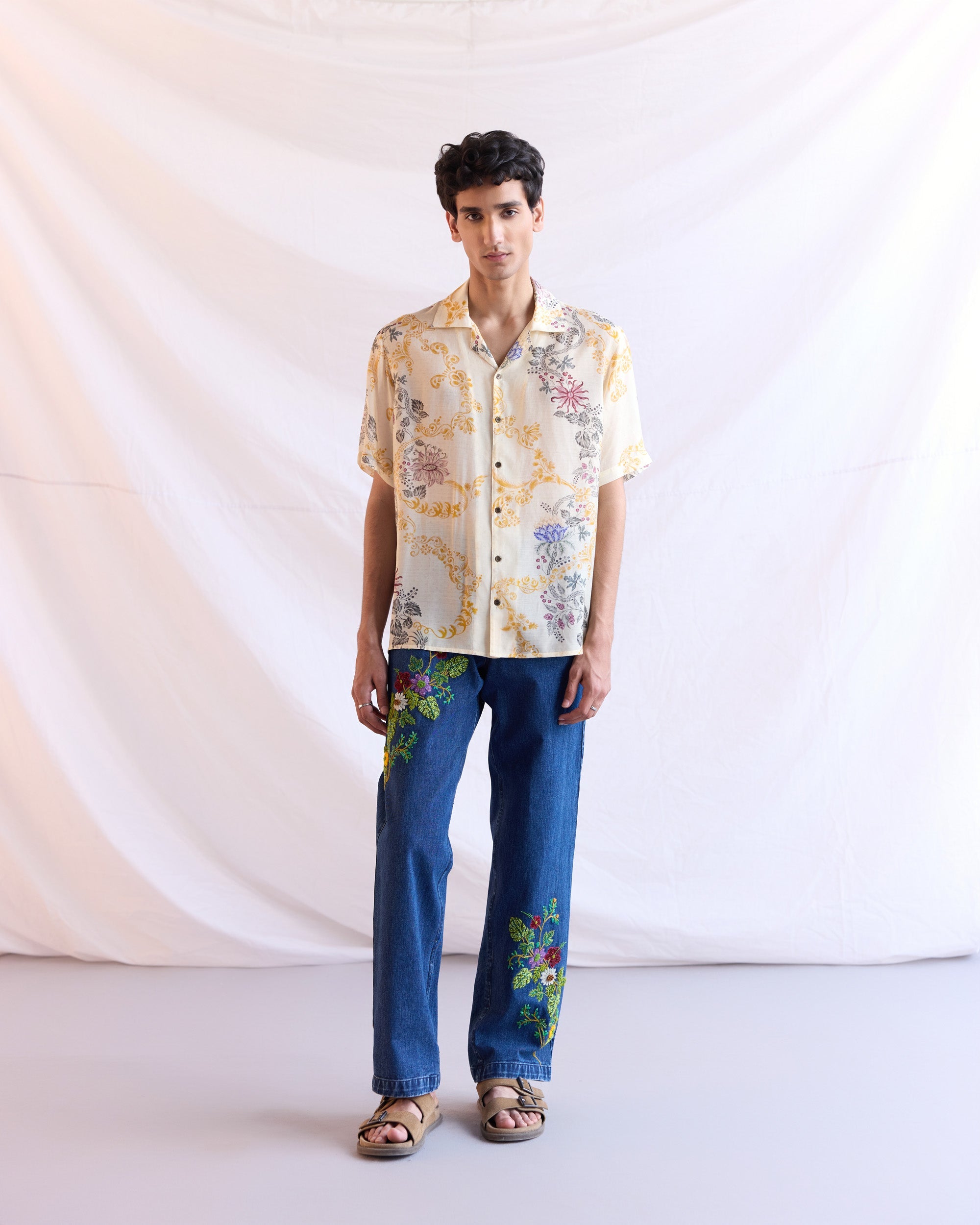 Hand embroidered floral straight fit jeans