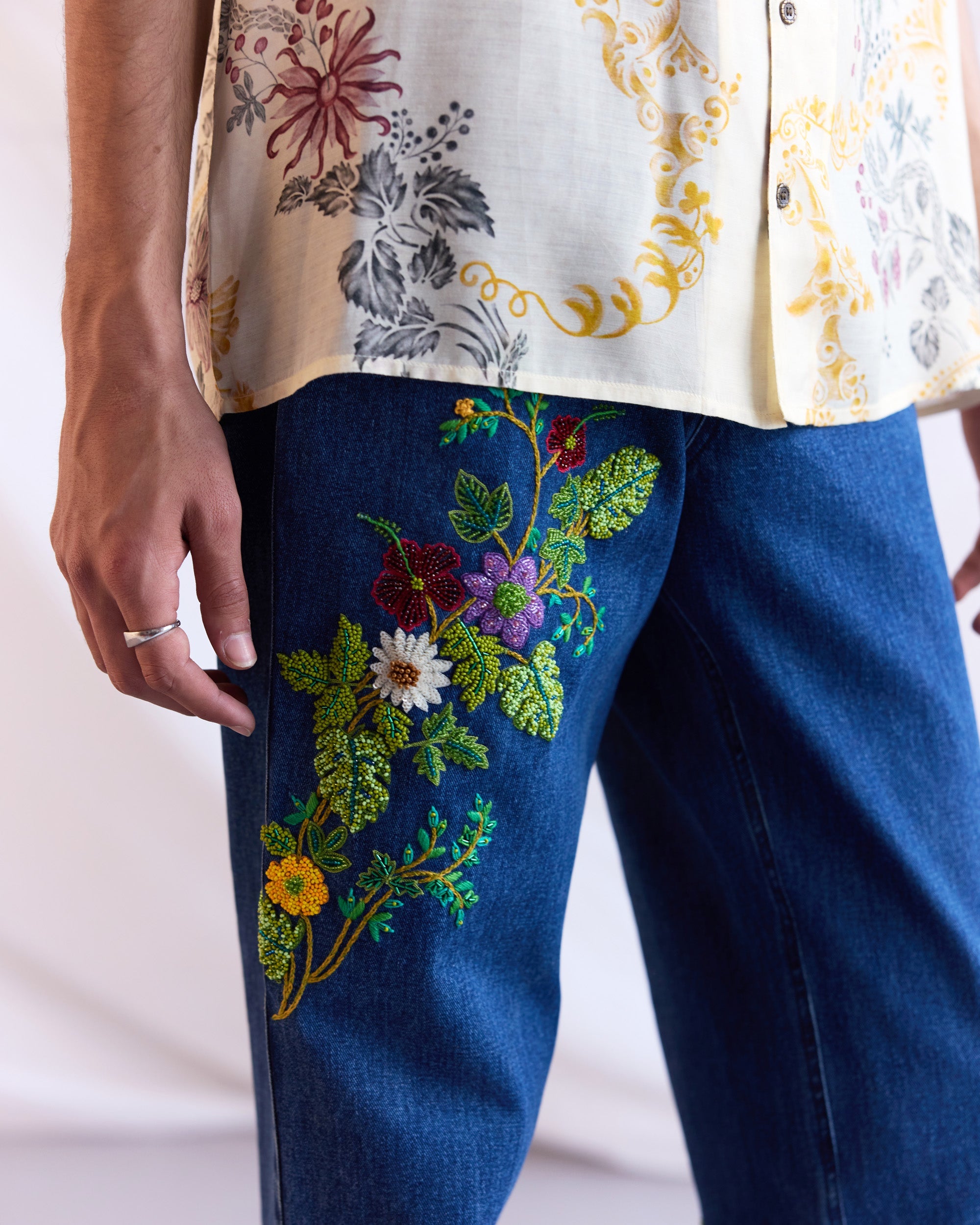 Hand embroidered floral straight fit jeans