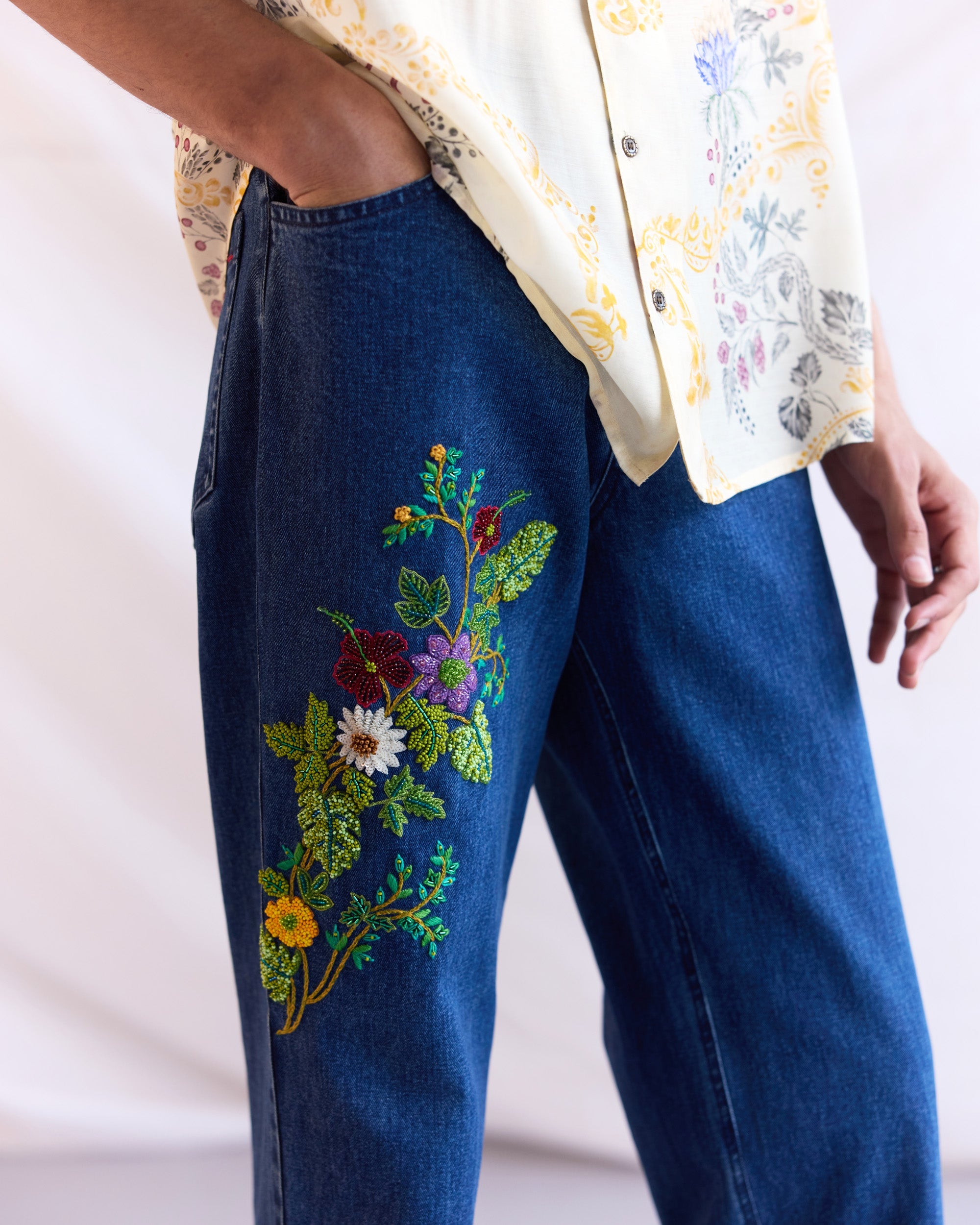 Hand embroidered floral straight fit jeans