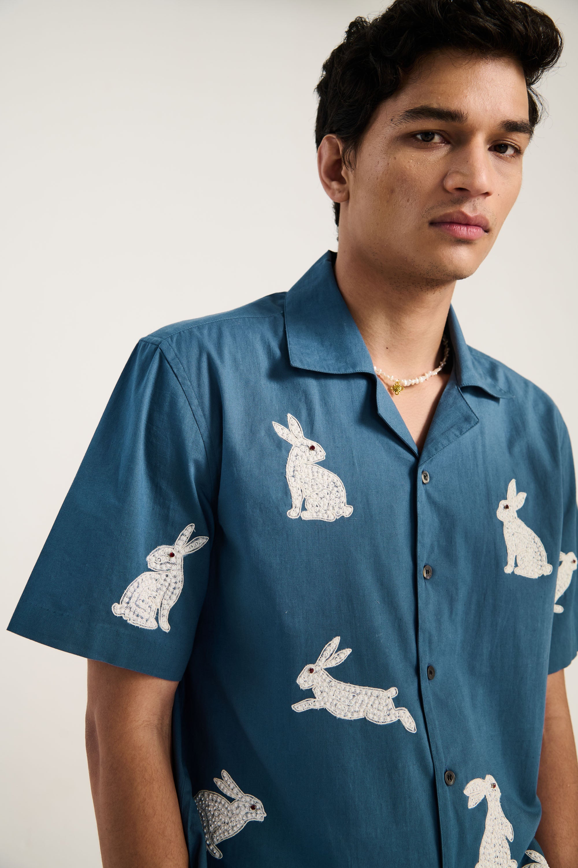 "Beadwork bunny" hand embroidered shirt