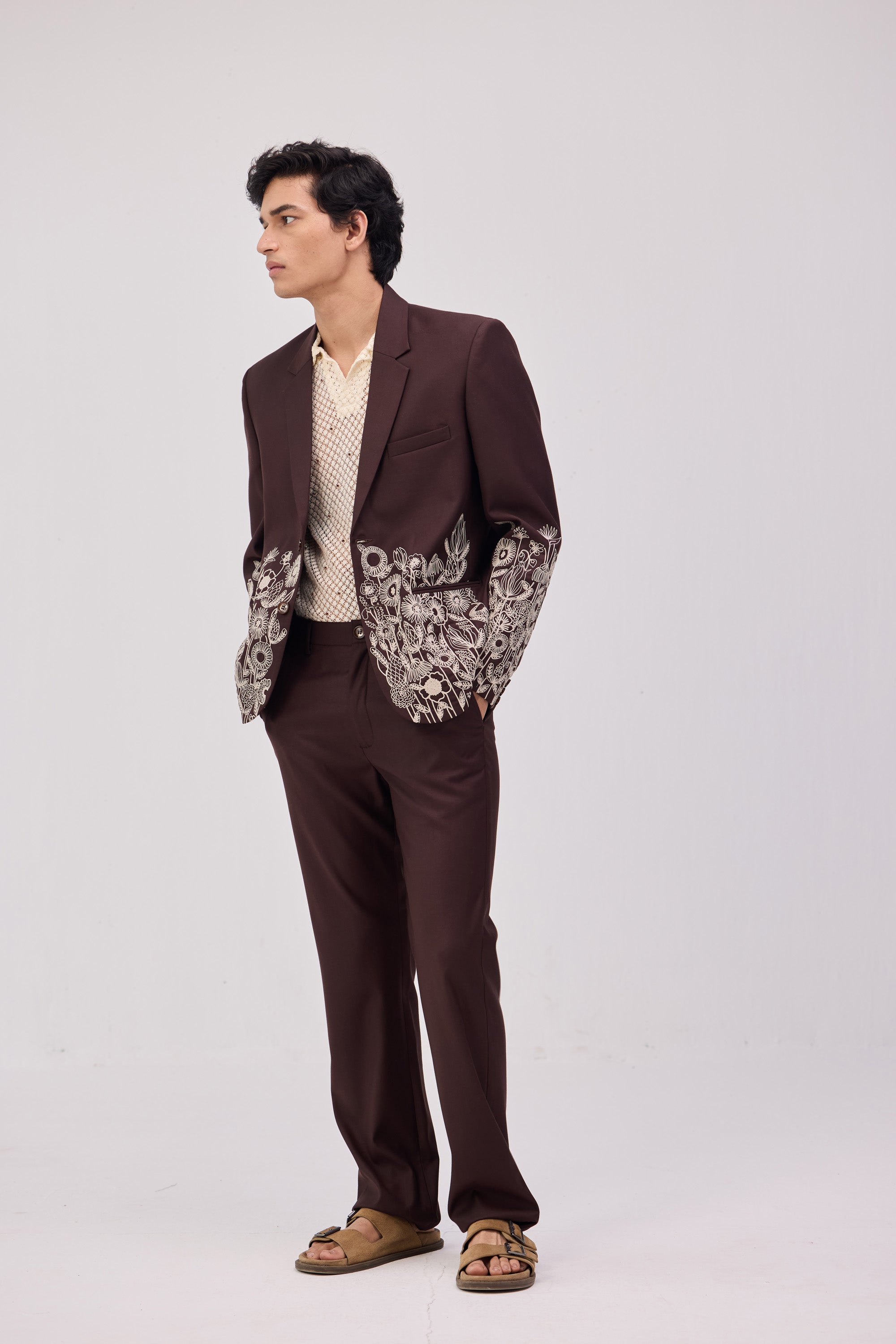 Chocolate Brown Floral Embroidered Casual Wedding Blazer