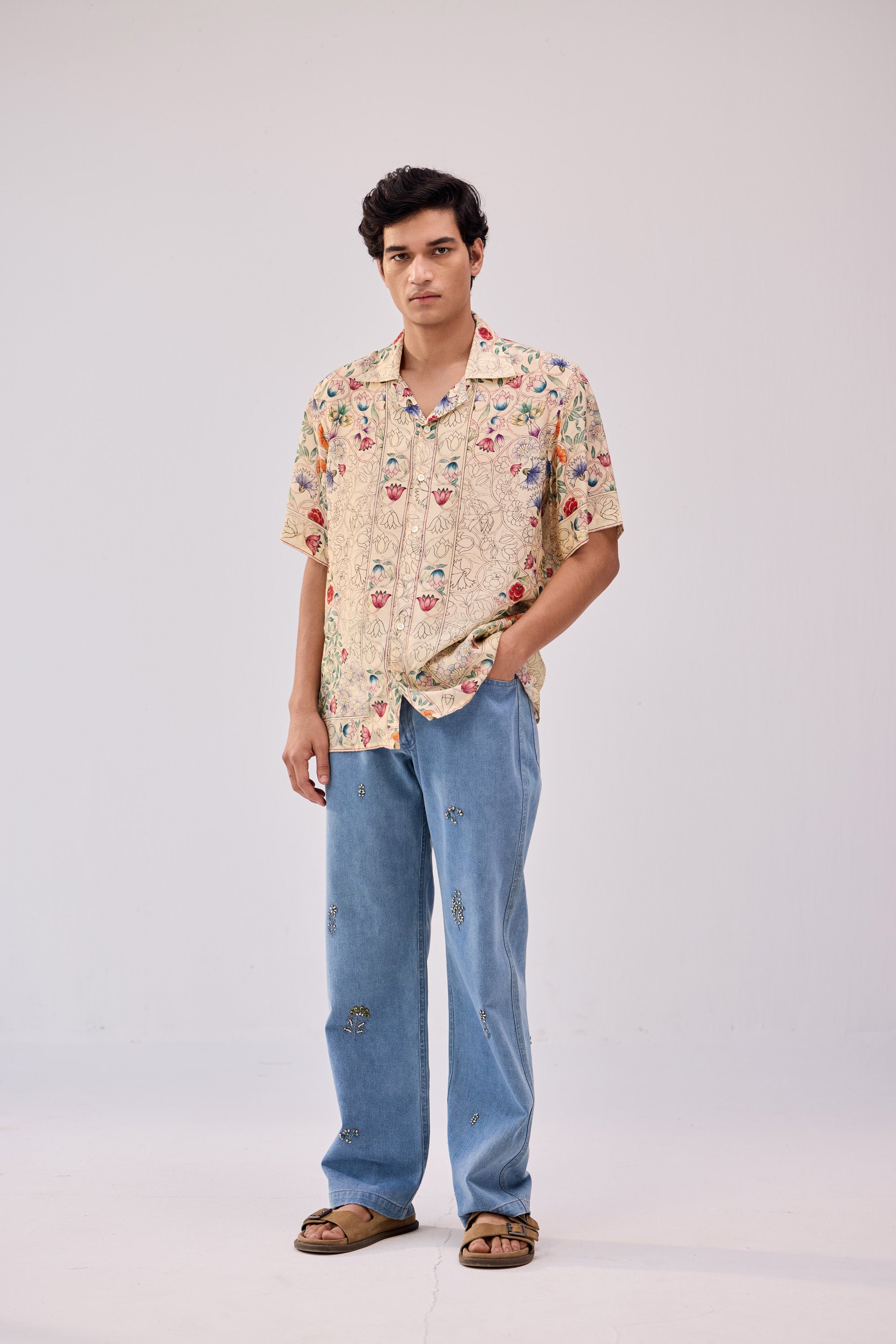 Hand embroidered straight fit denim pants
